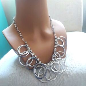 Rockabilly Silver Multi textured Circle & Rhinestone Statement Necklace